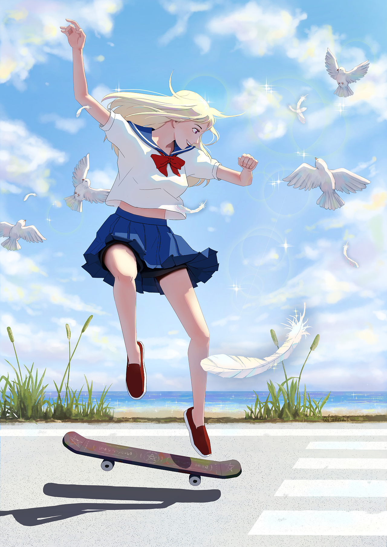 海边滑滑板少女
