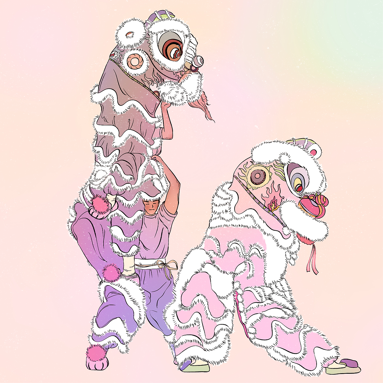 虎年过年舞狮插画