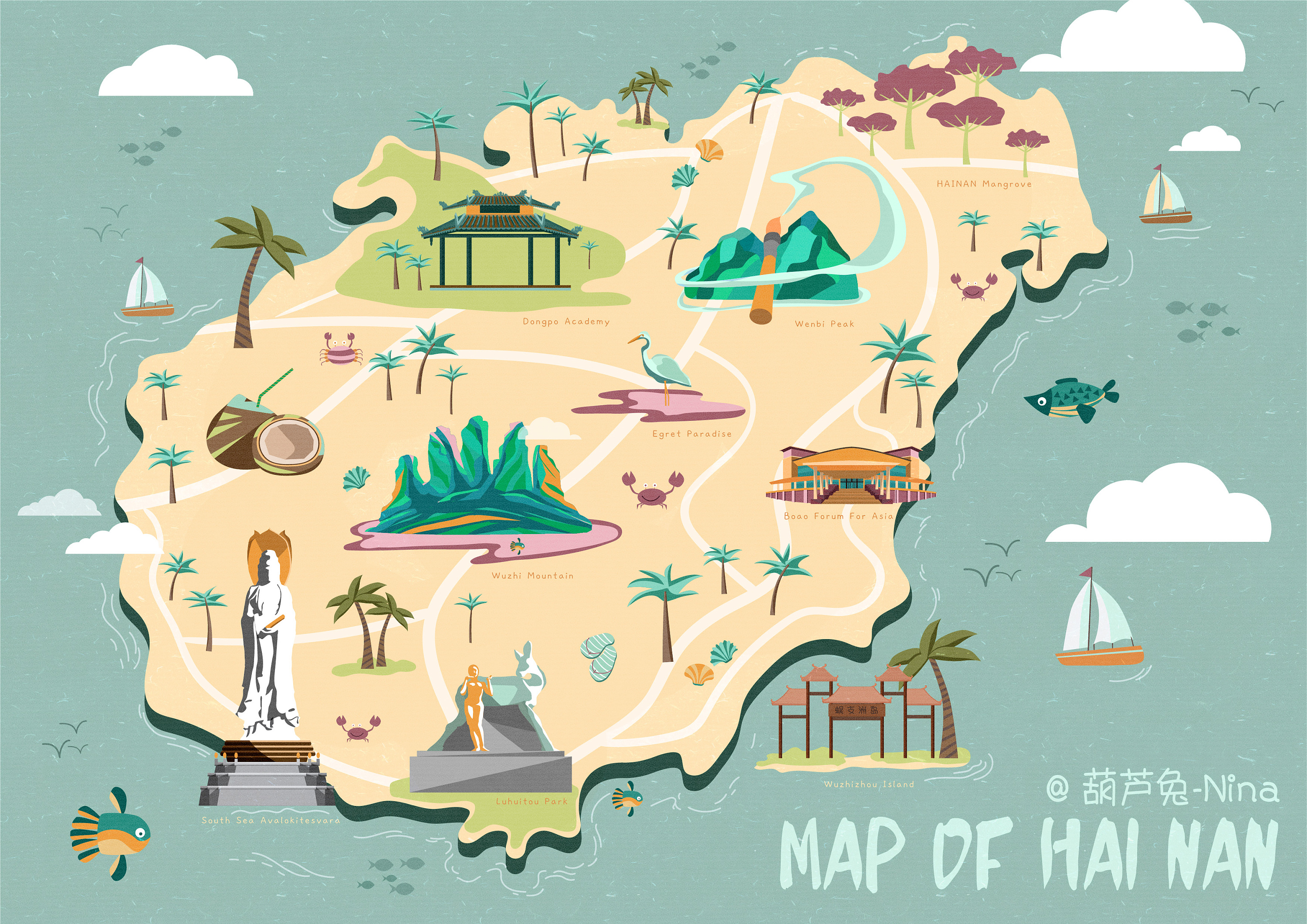 海南自贸港手绘旅游地图最新版（Ai、PS、手绘）|平面|宣传品|景域创美丶海南 - 原创作品 - 站酷 (ZCOOL)