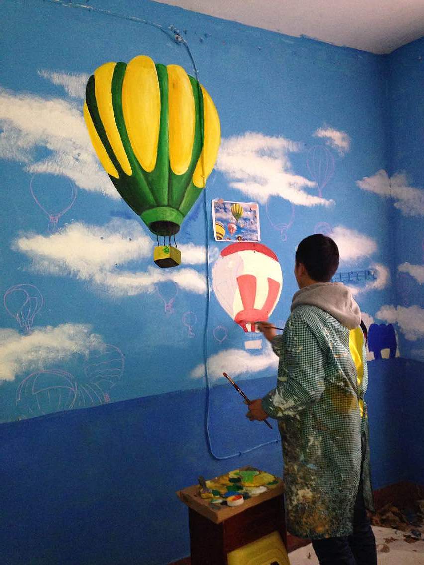 女孩小窝-大热气球 蔚蓝天空 棉花云---_壁尚手绘贵州墙绘-站酷zcool