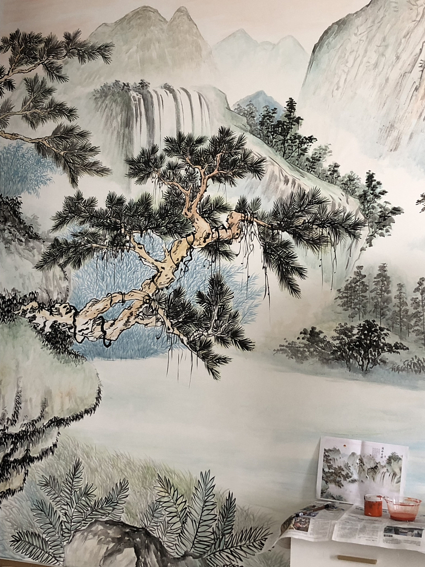 柒悦电视背景墙，墙绘，山水画作品欣赏（图ZMzUwNzYzNzgw） - 绘画 - 站酷设计师广西柒悦彩绘壁画原创素材 - 站酷ZCOOL