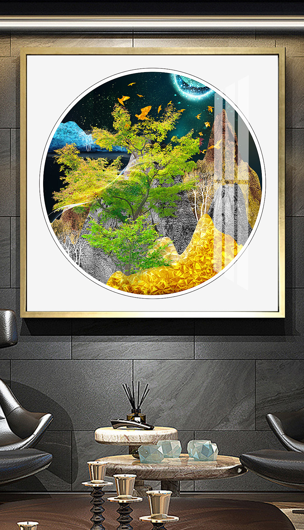 现代抽象山水风景发财树珐琅彩装饰画晶瓷画