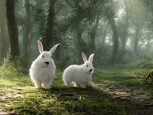 #站酷梦笔#两只白色的兔子在森林里，阳光洒下来，超写