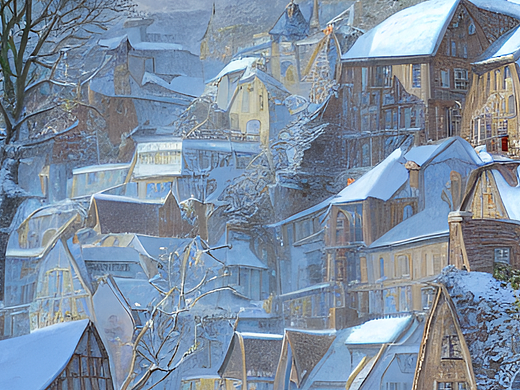 #AI创作实验室#高细节下雪的村庄冬天，晴天阳光明亮