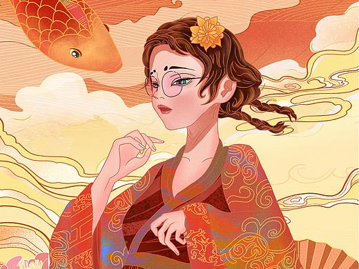 国潮春节锦鱼少女唯美风中国风复古插画