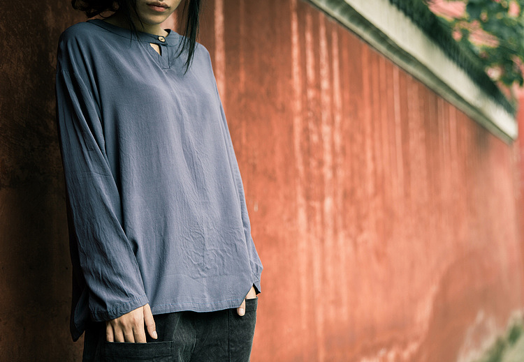 原创纯棉麻舒适宽松文艺森系长袖t恤 百搭