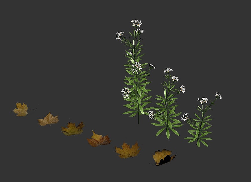 场景里主要植物 用MultiScatter散布的 草地是Autograss做的