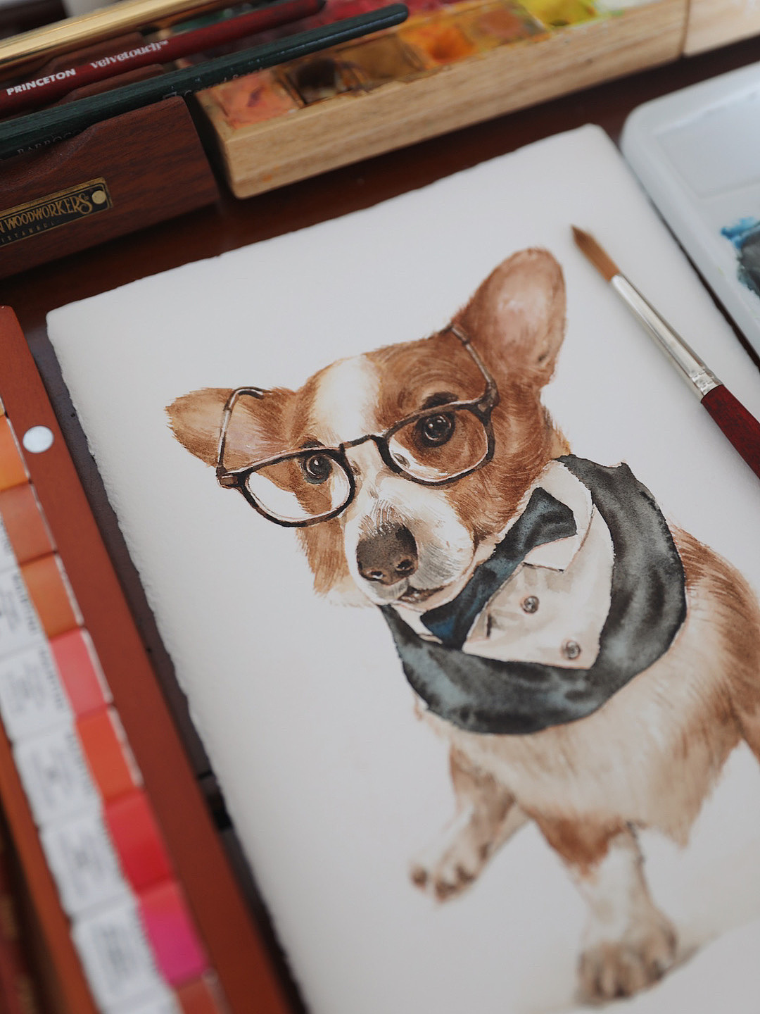 原创水彩动物 柯基狗狗宠物画像