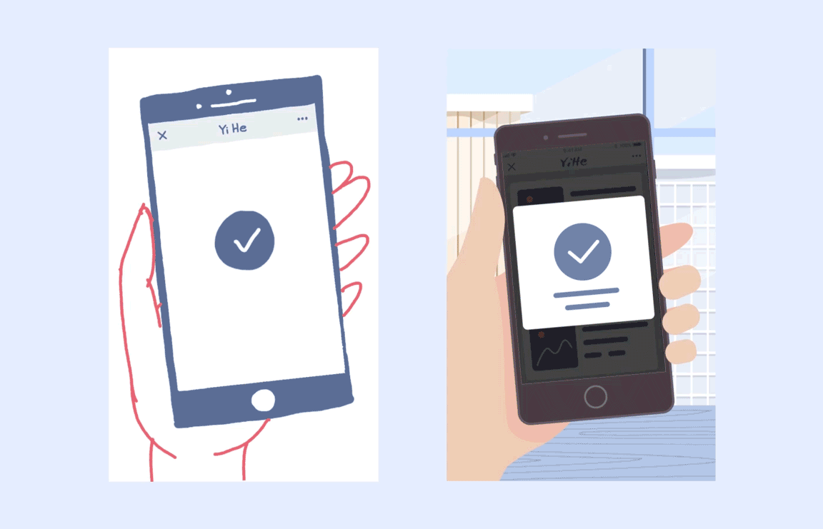 动画整体逻辑是围绕YIHE从早上八点到晚上下班为企业白领提供的全天候服务,因而在动画的尾声,随着店员小盒送餐的脚步,落地窗外的天色也渐渐暗下