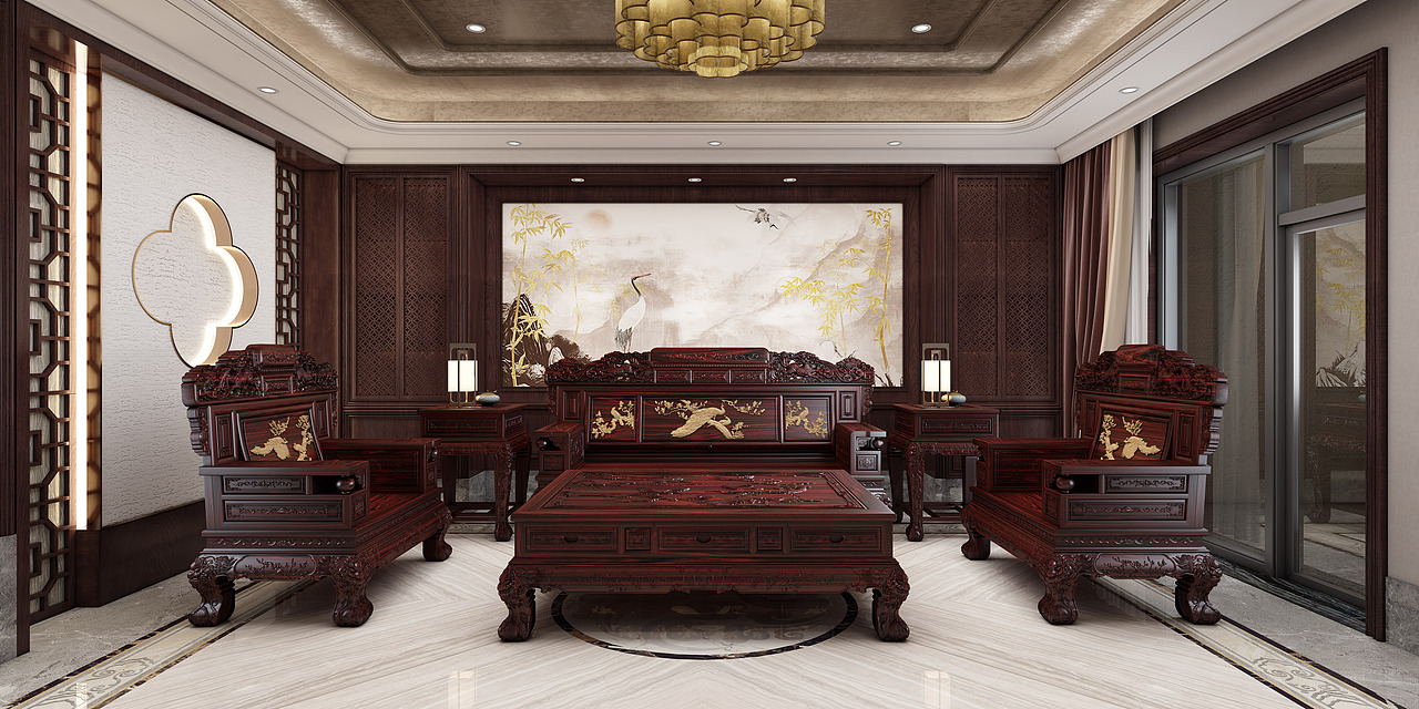 红木古典沙发建模、效果图表现