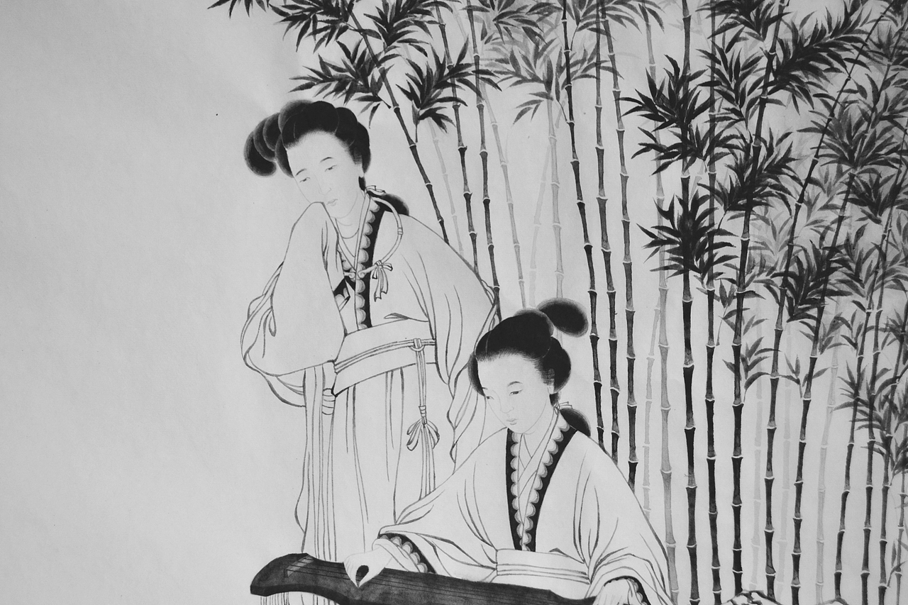 国画工笔白描仕女修竹