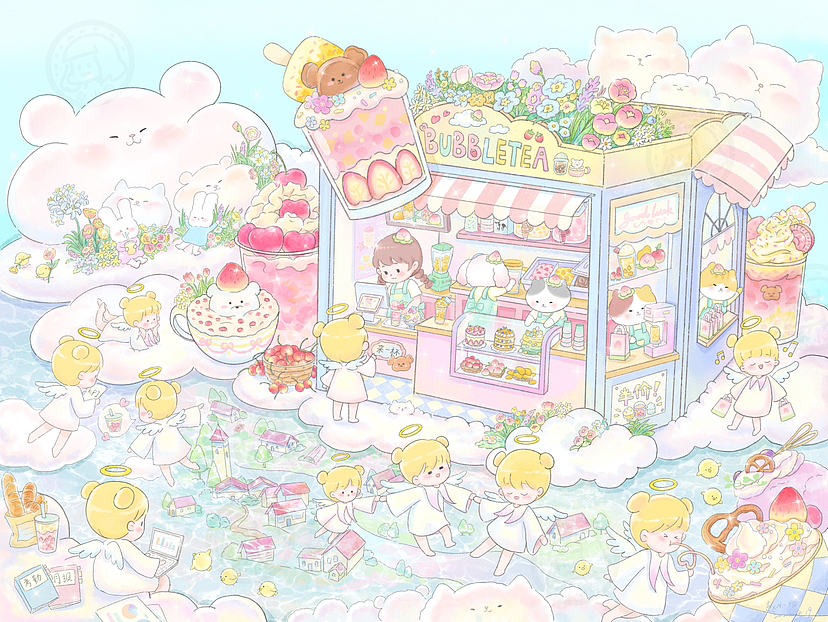治愈系插画|云端的奶茶店