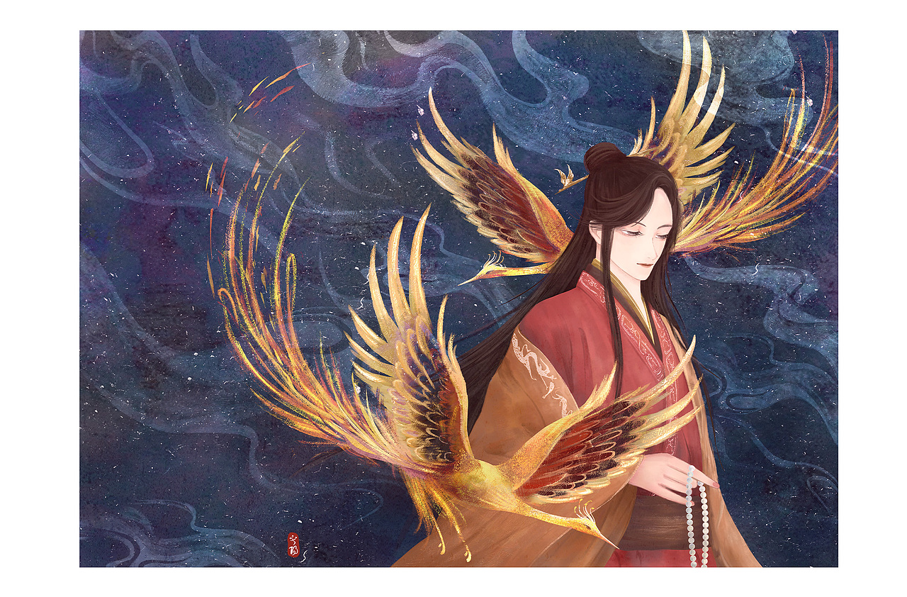 1原创作品插画商业插画古风人物男子红衣长发复古古风封面壁纸潮生寂