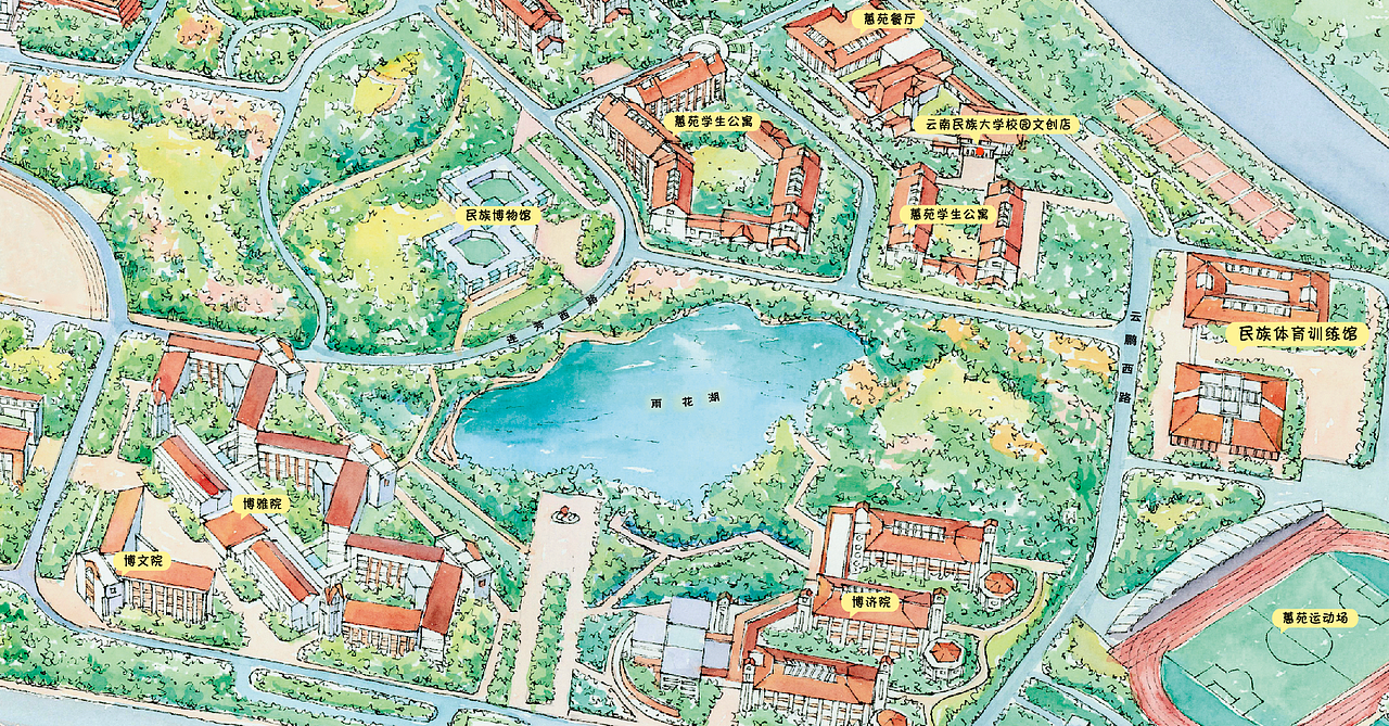 鹿瑶文创水彩云南民族大学校园手绘地图