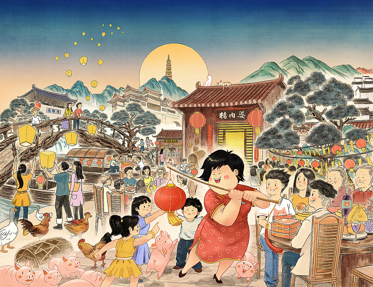 猪肉婆中秋月饼包装插画