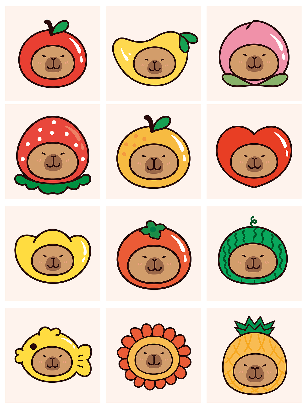 卡皮巴拉水豚萌萌IP卡通形象插画水果系列