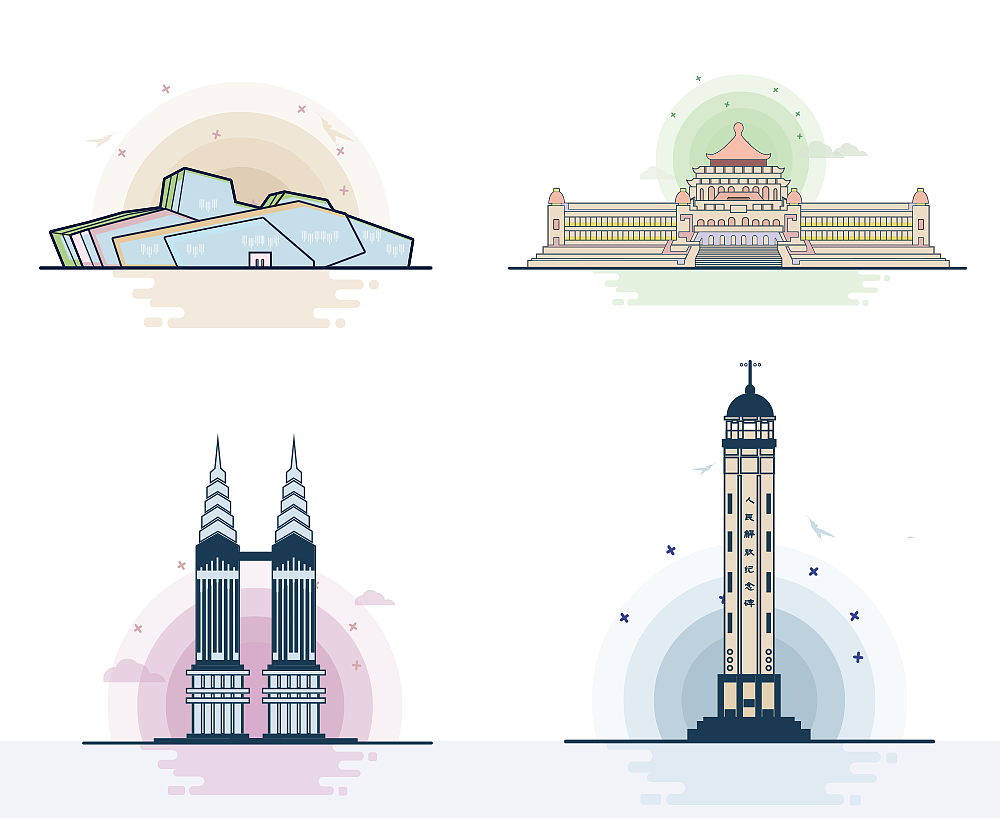 重庆建筑插画描边风设计