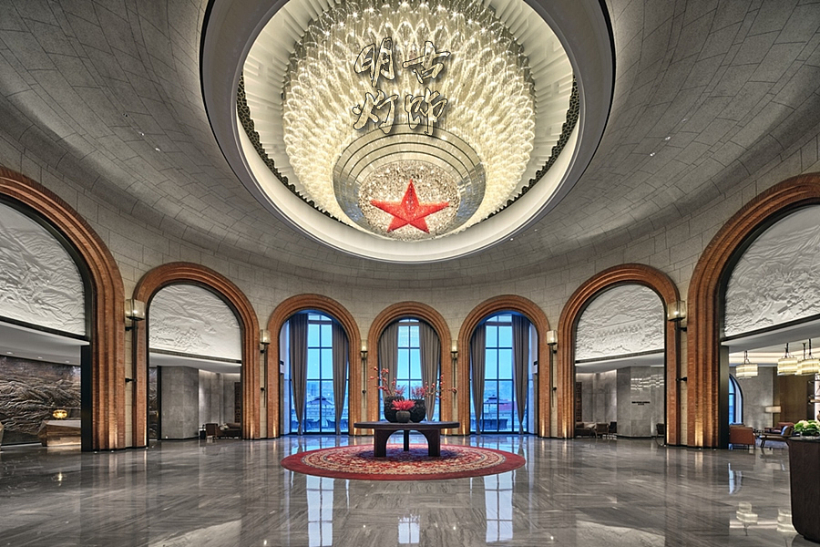 红色主题酒店大堂主题水晶灯定制解决方案（图ZMjY0OTIwOTk2） - 酒店餐饮设计 - 站酷设计师明古灯饰定制图库原创素材 - 站酷ZCOOL
