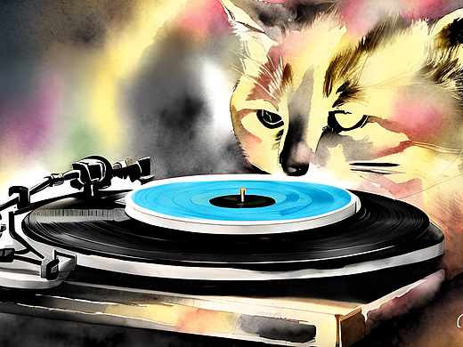 黑胶唱片机,猫半身,泼墨风格,水彩画,笔触洒脱