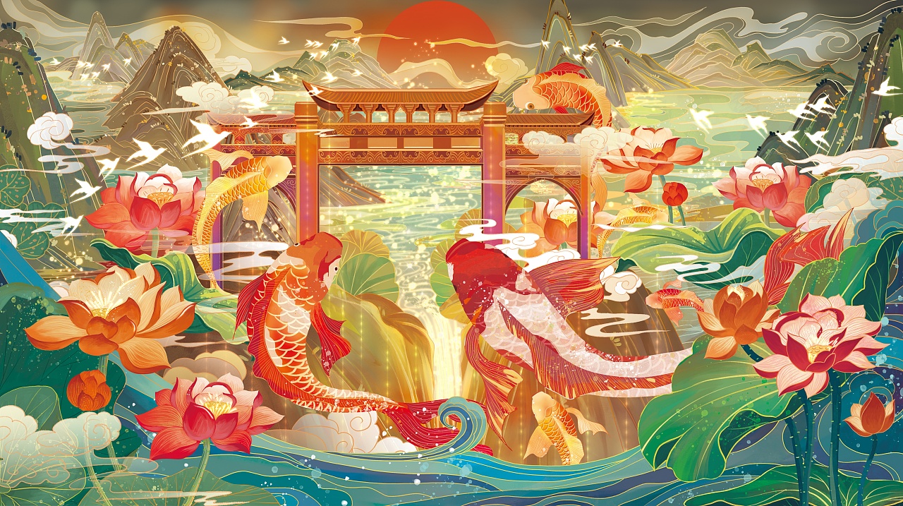 【绘画】国潮风锦鲤跃龙门·精卫填海|插画|商业插画|莫醒182 - 原创