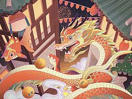 龙年春节国潮插画海报