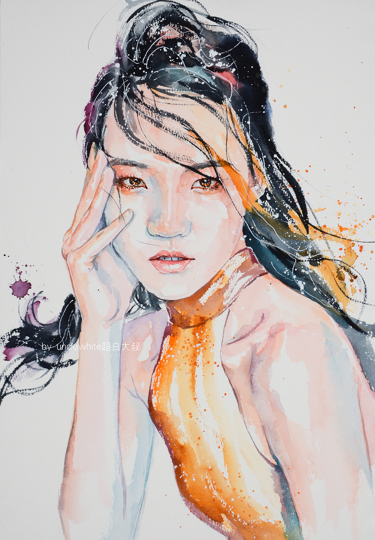 超白大叔作品:模特插图水彩人像