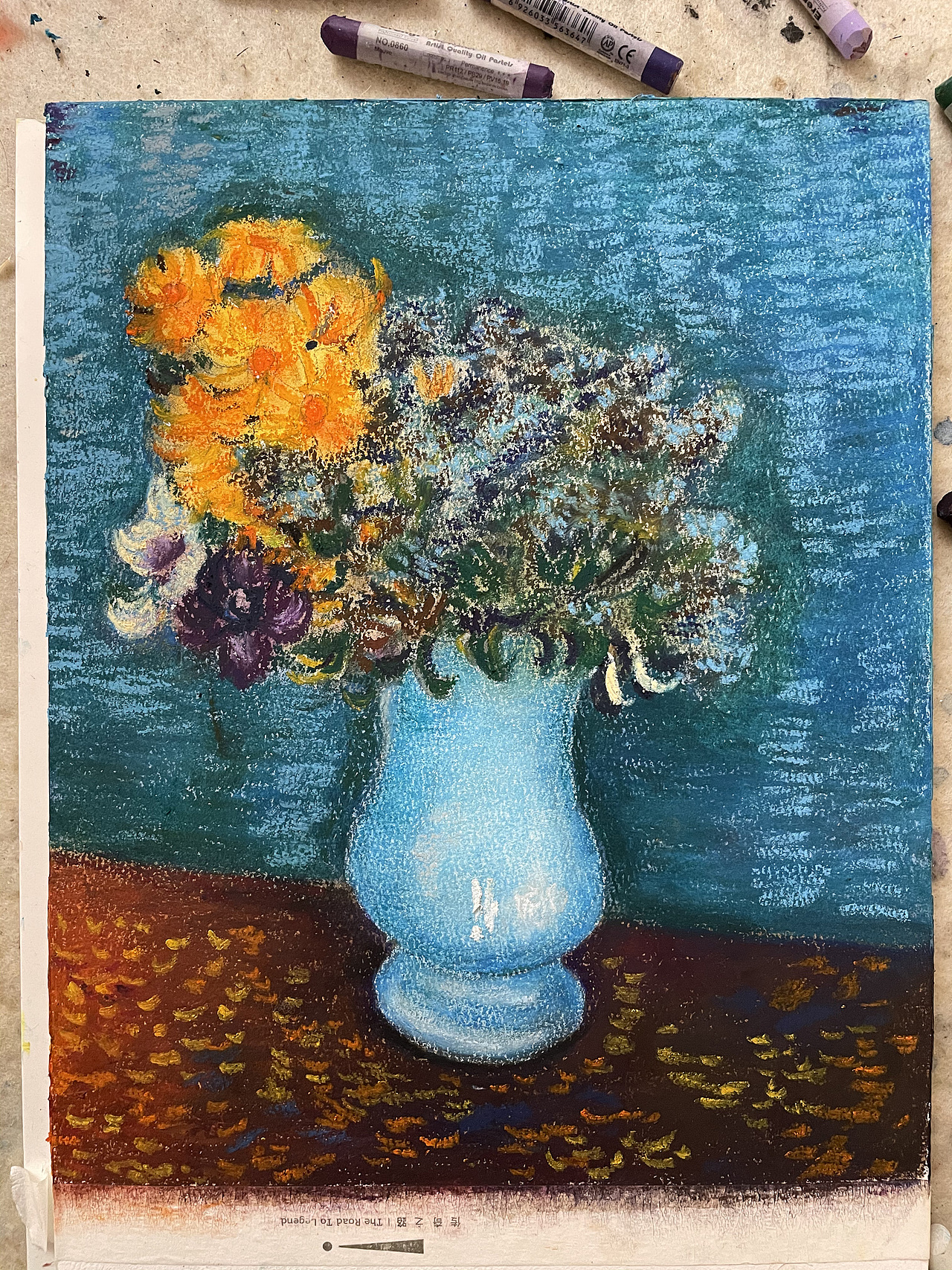 油畫棒臨摹梵高藍(lán)色花瓶里的花束（圖ZMjM5MjExOTQ0） - 繪畫 - 站酷設(shè)計師慕漁藝術(shù)原創(chuàng)素材 - 站酷ZCOOL