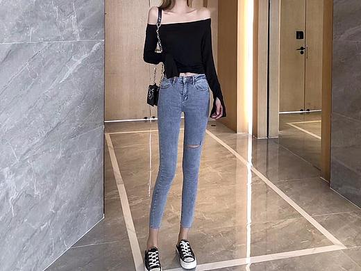 模特周洛希休闲裤 破洞裤 阔腿裤 修身裤 广州裤子摄影