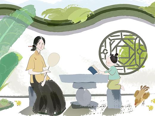 绿色水墨线描园林乘凉母子矢量插图