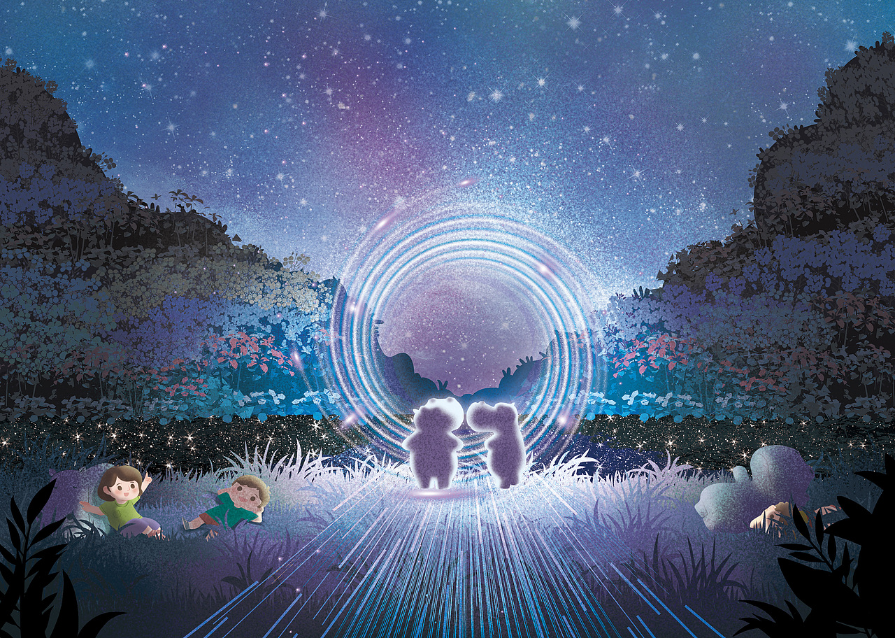 星空下小河静静地流淌着,星星在小河怀抱里调皮地眨着眼睛,河岸上山花烂漫,一个大大的星光光环在花丛中显得格外耀眼,光环一闪一闪吸引着追梦人和精灵的眼球。