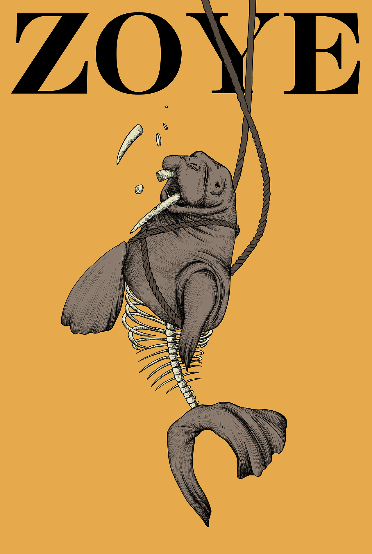 这是一只在疼痛中嚎叫着的海象，海象牙可以用来雕刻作为艺术品挂件。随着人们对海象牙需求量的不断上升，海象狩猎业也在不断发展，狩猎的工具和方法得到了不断的改善和提高，使海象生存境遇受到毁灭性打击。海象被绳子捆绑着无法挣脱，只能无助地看着自己宝贵的牙齿被猎杀者剥夺，海象对生存环境和气候条件的要求较高，獠牙是海象的主要生存工具，失去獠牙加上环境污染的影响，等待他们的只剩下疼痛与死亡。