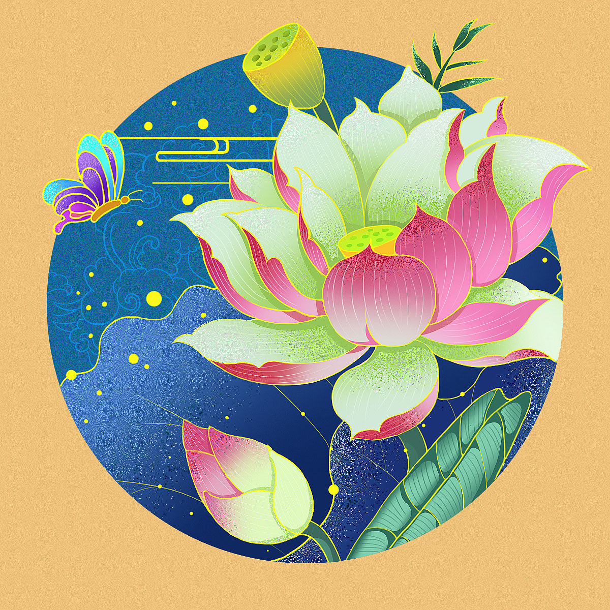 荷花 小鸟 插画国风植物动物国风插画