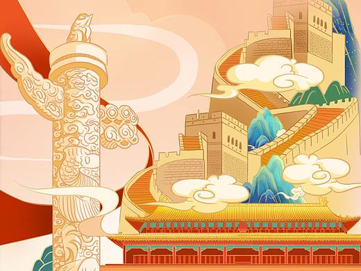四川天府银行建党100周年中国风插画手绘长图设计