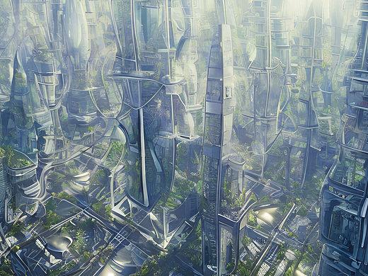 未来悬空城市，科技风，科学家，居住区，植物太空电梯