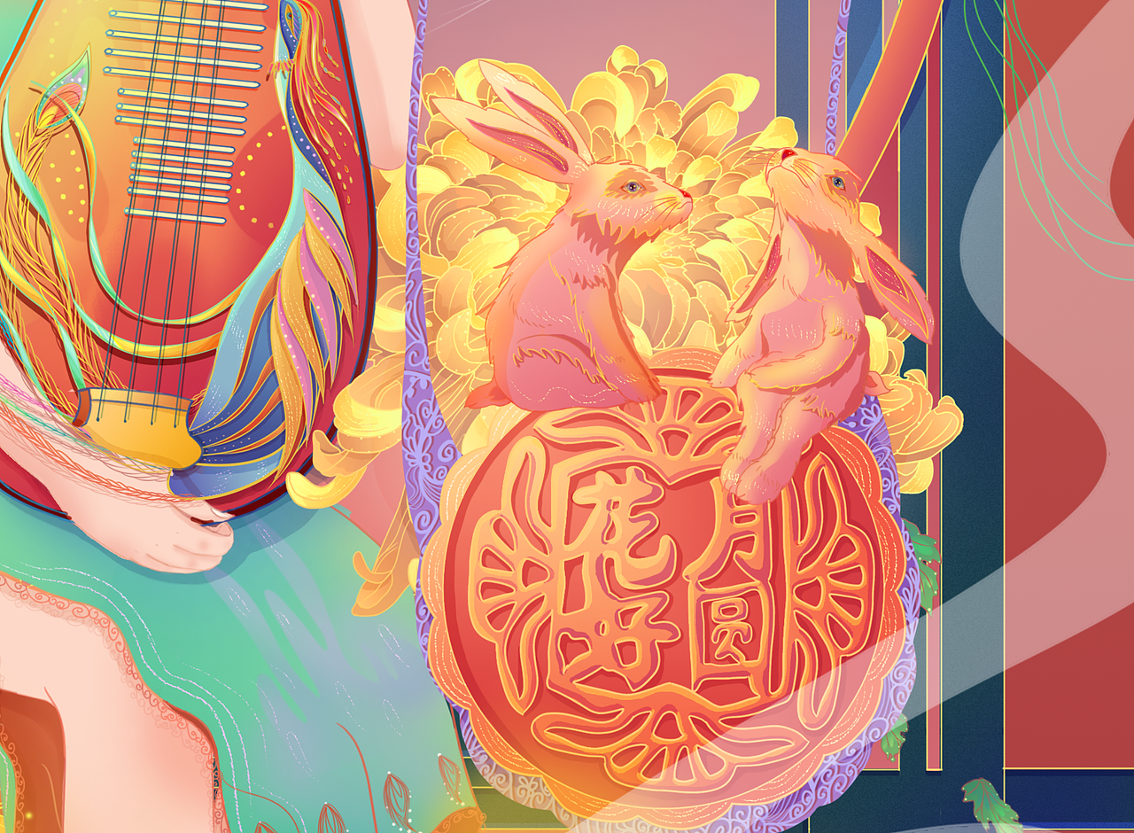 国潮插画~中秋月圆夜(玉兔、琵琶)