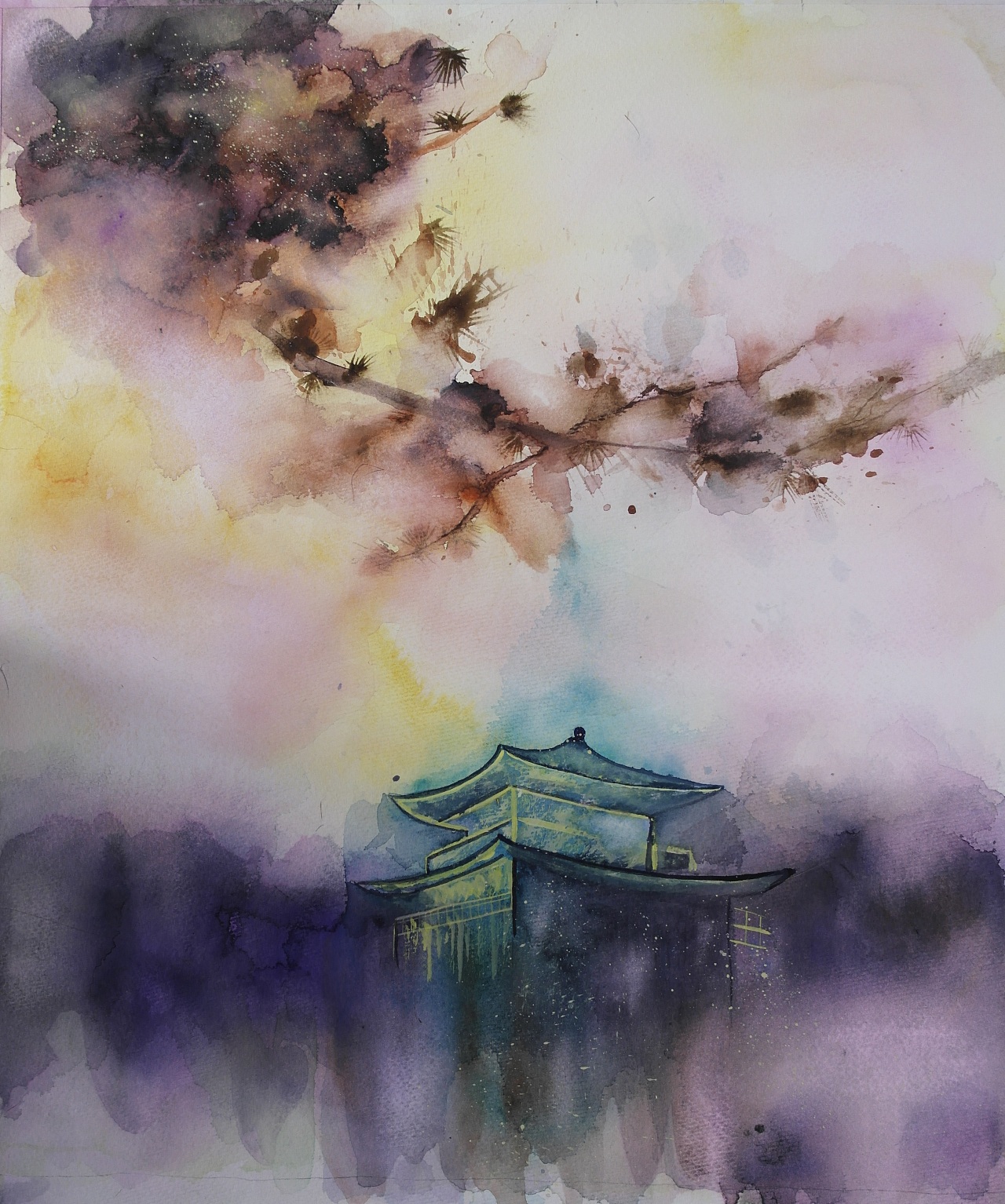 写意日式建筑水彩画