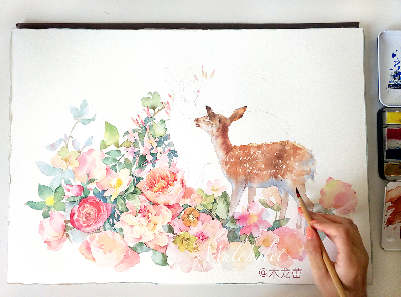 水彩。林深.见鹿