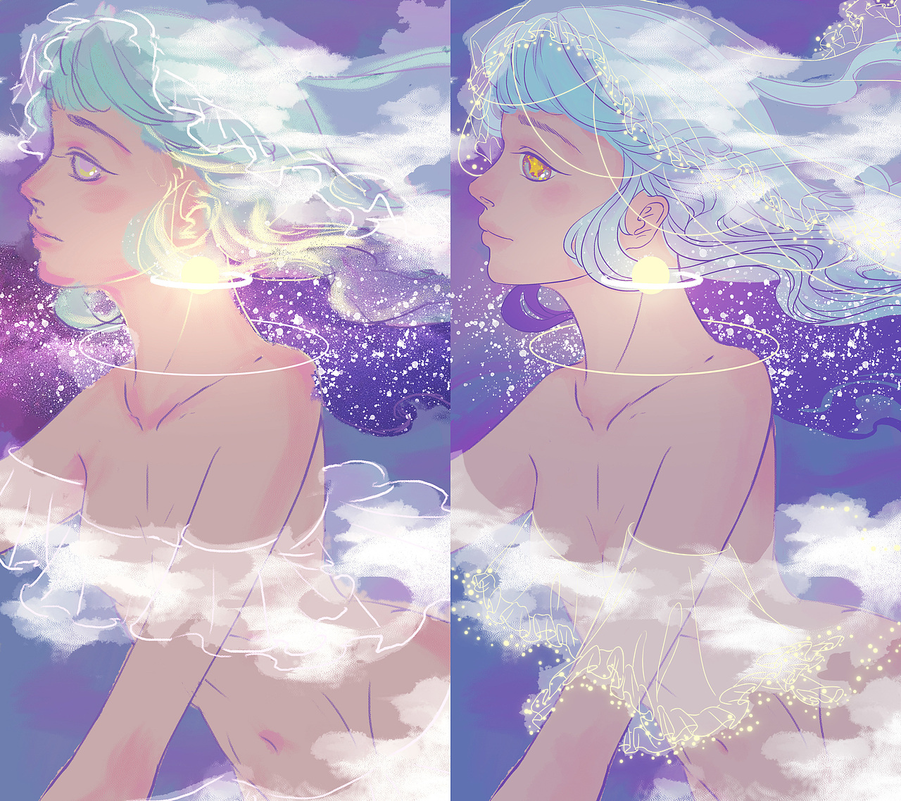 纱部分的细节绘制
增加了元素“云”<br>我的脑海里呢<br>星空和云有一种说不清道不明的联系<br>所以把云也加上了<br>增加朦胧感（才不会说是不想画就偷懒遮了）<br>留白嘛<br>画面总是需要观众发挥想象力的