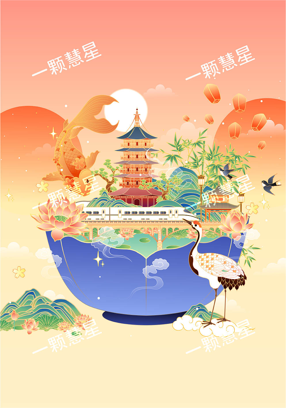 国风杭州西湖风景插画（图ZMjQ2NzIwMTUy） - 商业插画 - 站酷设计师晚风在画画原创素材 - 站酷ZCOOL