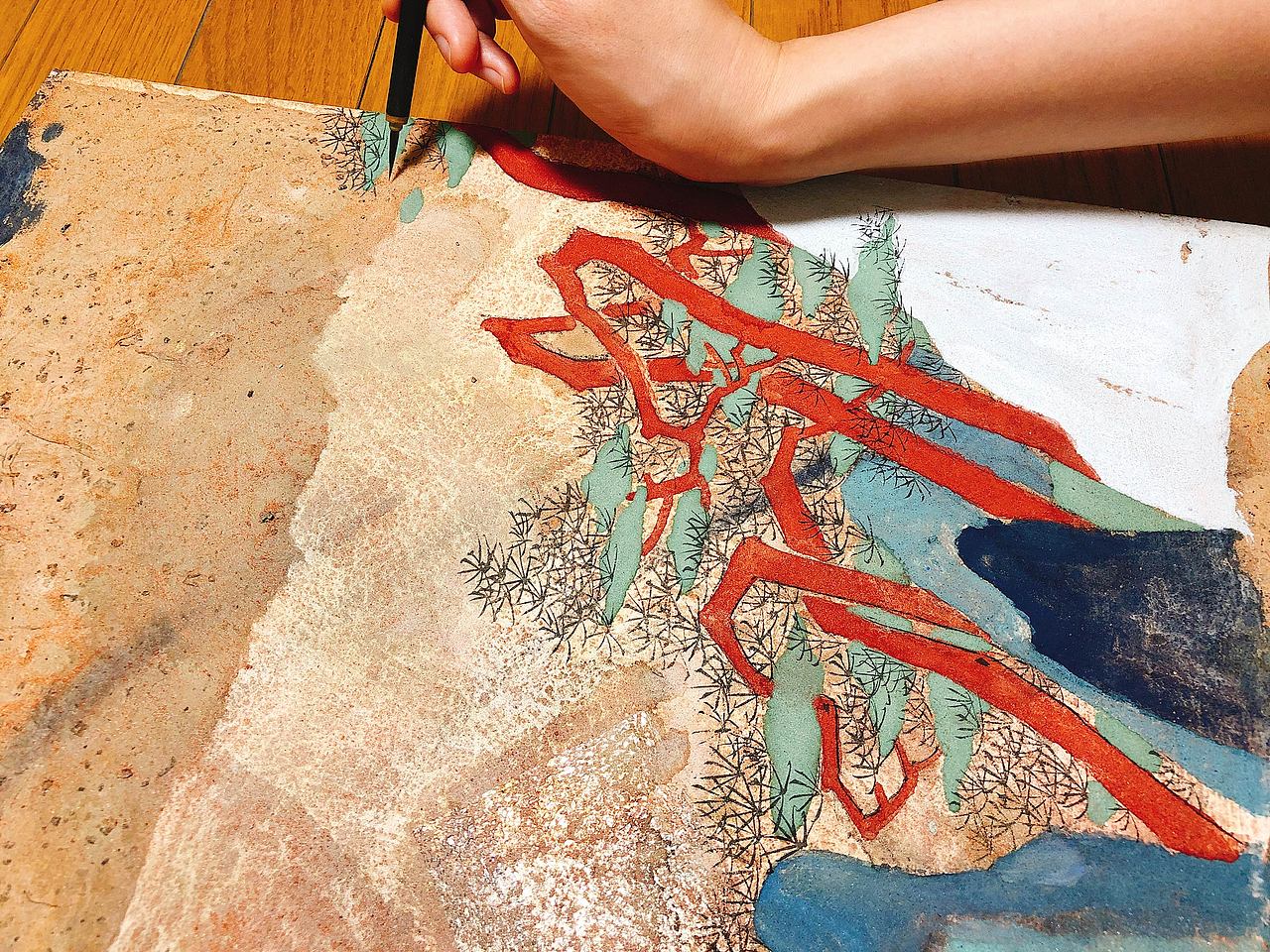 09用松烟墨绘制松叶,墨汁含胶太重,会出现反光,所以一定要使用松烟墨、墨条