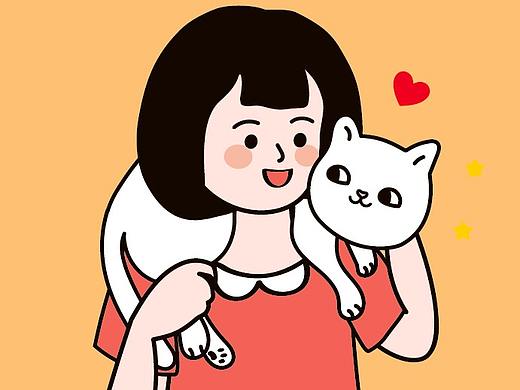 插画女孩猫咪猫粮
