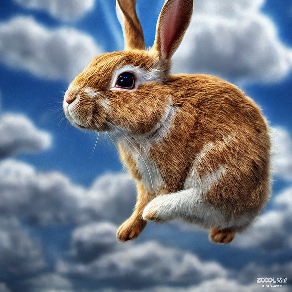 #AI创作实验室#一只小兔在空中跳舞周围大朵大朵的云彩（图ZMzE3NjY5MzM2） - AI作品 - 站酷设计师0nana0原创素材 - 站酷ZCOOL