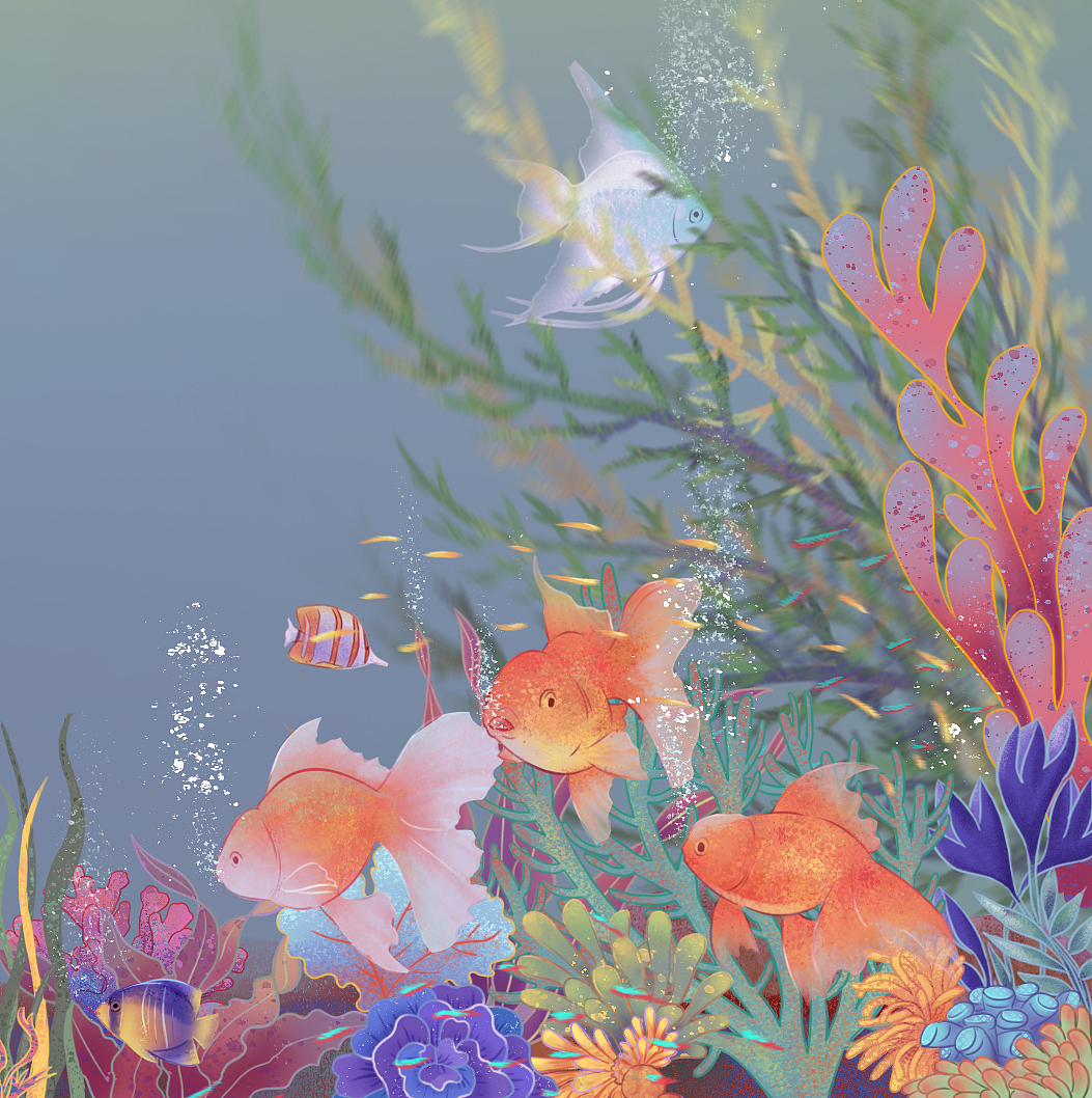 童年记忆中曾祖母和我总能盯着哥哥的鱼缸看上好几个钟头,那里头装着我最美好的回忆,原图实际是张更完整的场景,但这个小角落让我有种莫名的温馨,所以单独做成一个小图。