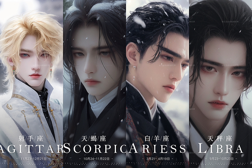 十二星座✨国风美男版（图ZMzMwMDM5MzQ4） - 商业插画 - 站酷设计师王总的ai绘画世界原创素材 - 站酷ZCOOL