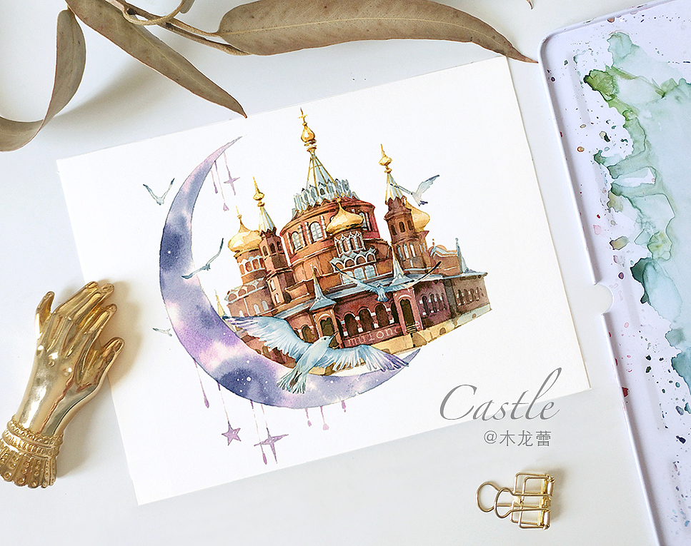 水彩画 月光城堡（图ZMTM0NTMzNjA4） - 商业插画 - 站酷设计师木龙蕾原创素材 - 站酷ZCOOL