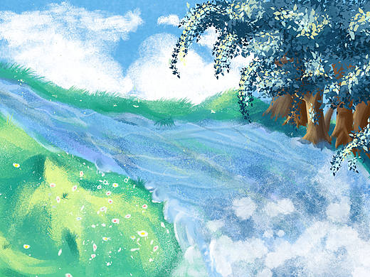 草地插画自然风景蓝天白云河流