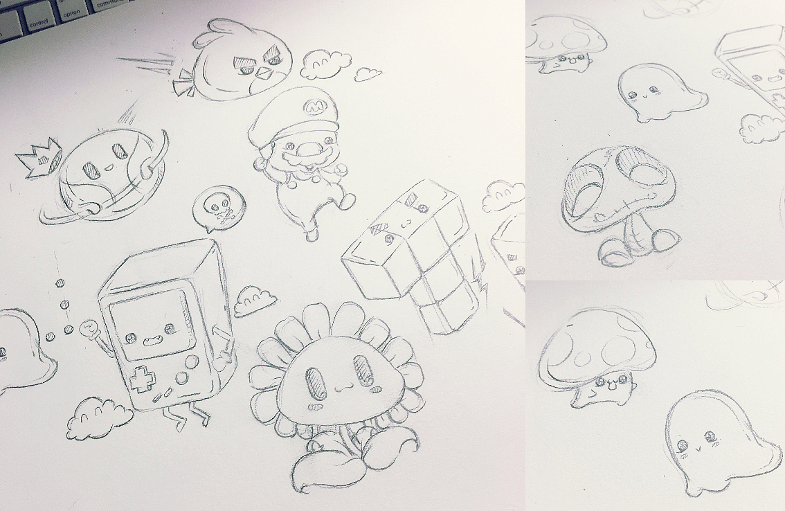 近期接到工作任务,绘制一幅关于新工作成立并招募新成员的海报,与小伙伴们商讨确认了主题风格及表现形式后,剩下的就是动手开工!
接到工作项目后,培养情感酝酿氛围是不可或缺的必要途径,了解到新工作室是休闲竞技为主推项目,因此预设借以经典热门游戏形象为主要角色,查询收集了大量相关素材资料,最终定位为10余款热门游戏的形象,如红白机、GAMEBOY、愤怒的小鸟、超级玛丽、植物大战僵尸、俄罗斯方块、吃豆人等等,并提取形象进行二次创作设计。