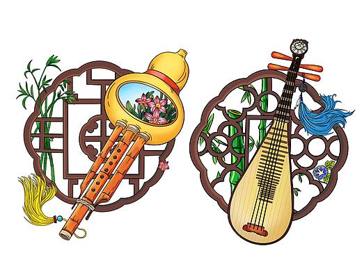 国潮丝竹乐器传统乐器手绘插画