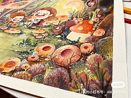 手绘水彩儿插，姐姐妹妹采蘑菇