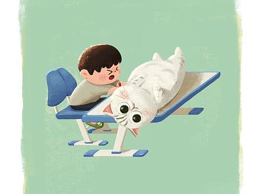 小场景儿童插画：霸占桌子的大胖猫